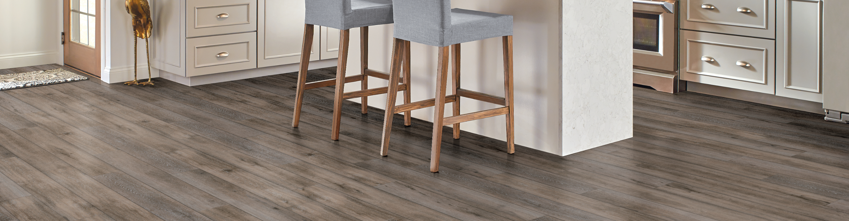 Hardwood Floor in Modern Kitchen with Grey Cabinets